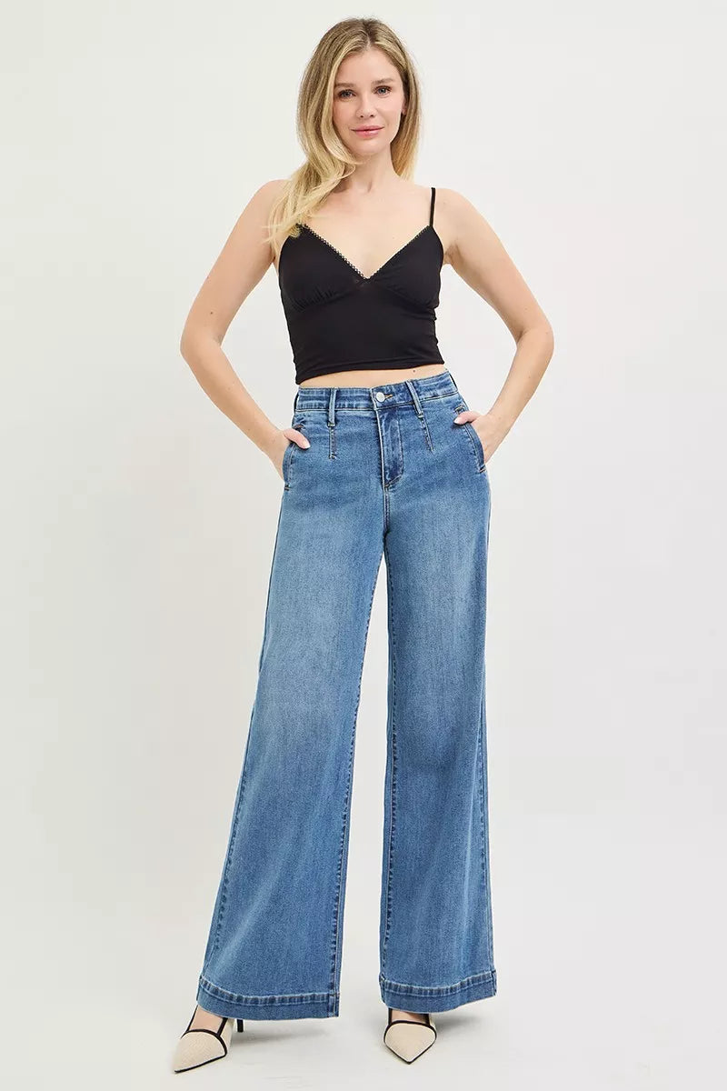 risen tummy control Risen Tummy Control Elastic Band High Rise Wide Jeans view 6 (bottom) - shop at us.meeeshop