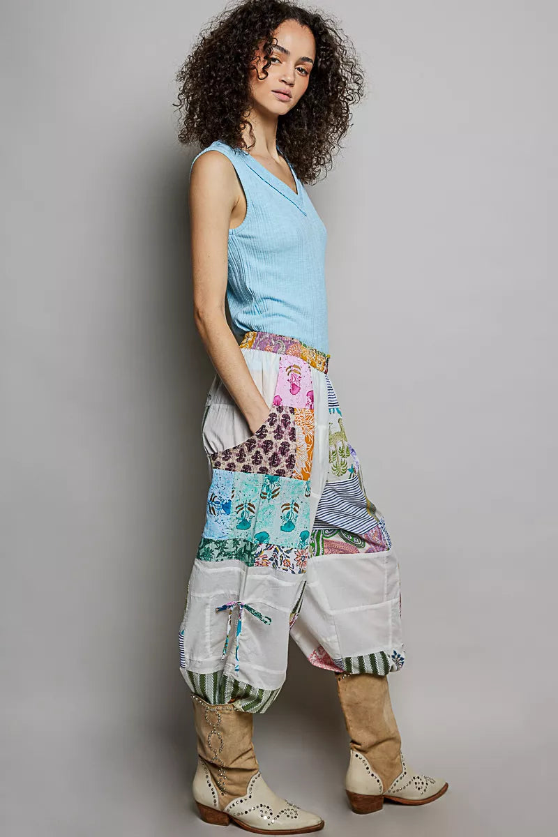 pol printed patchwork Pol Printed Patchwork Wide Leg Pants with Adjustable Side Drawstring view 6 (bottom) - shop at us.meees