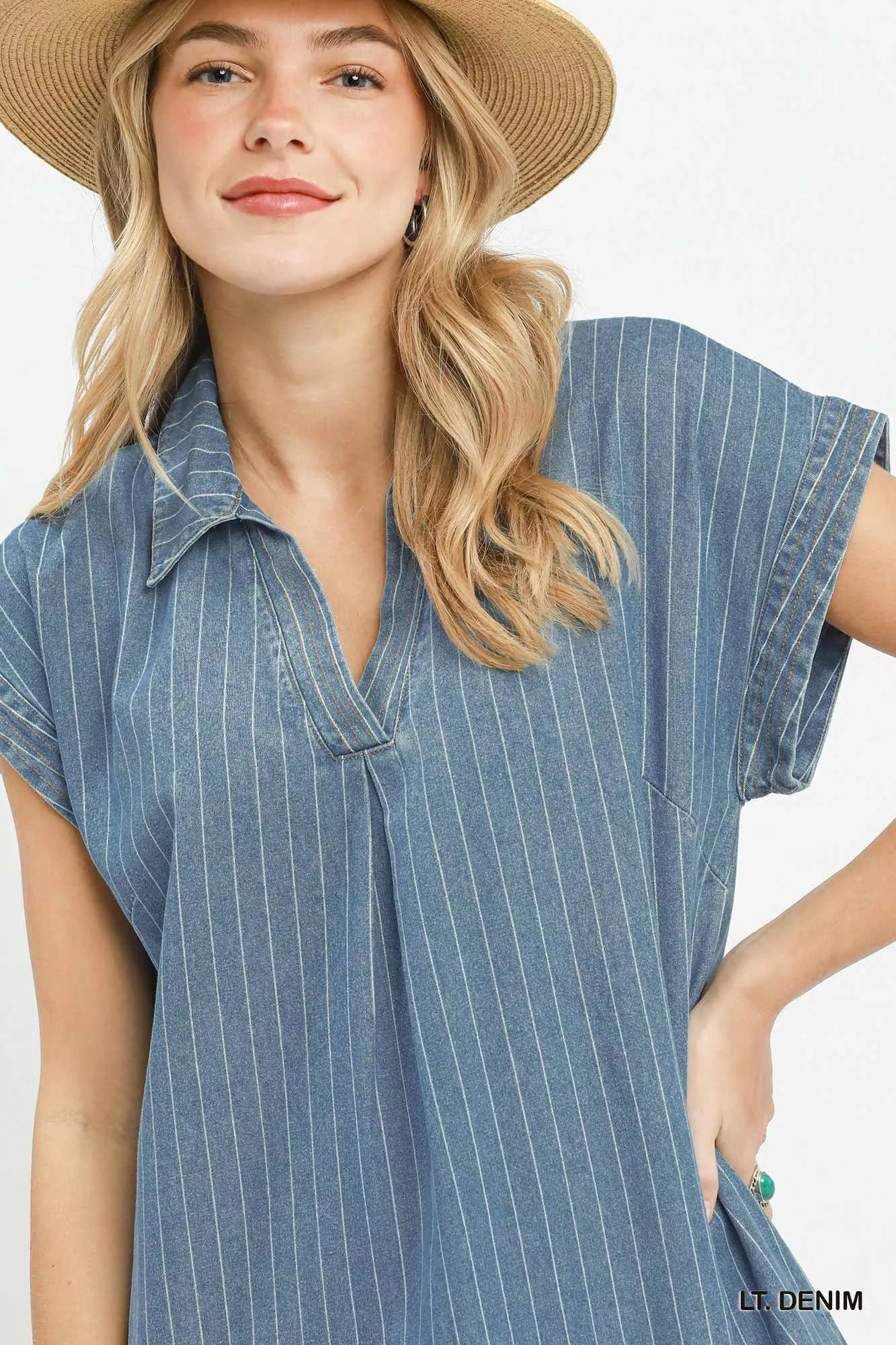 umgee pinstripe denim Umgee Pinstripe Denim Collared Midi Dress with Side Slits view 5 (dress) - shop at us.meeeshop