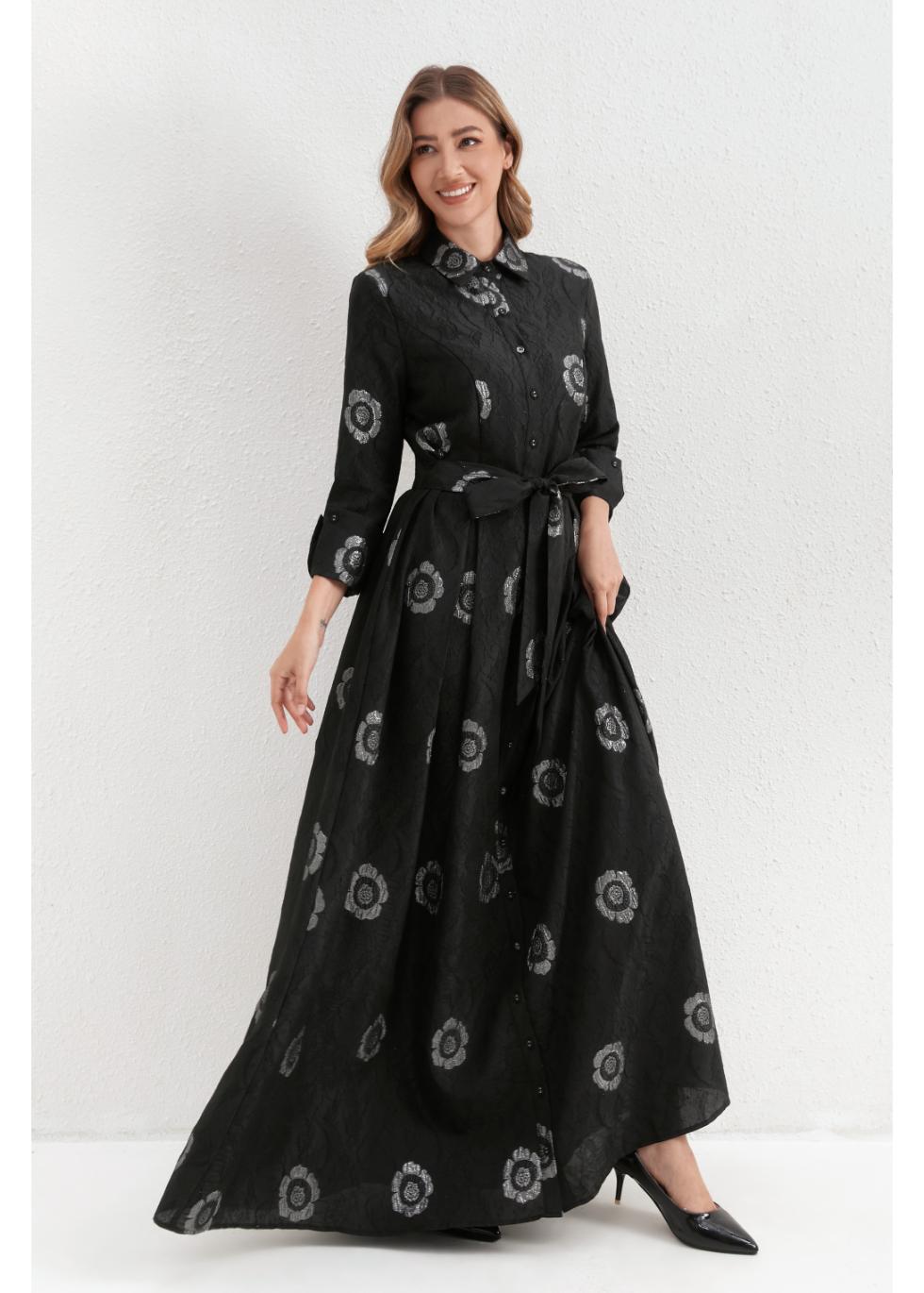 Onyx Silver Blossom Maxi Dress