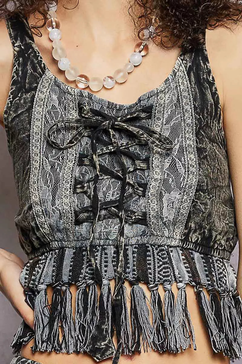 pol lace fringe Pol Lace-up Fringe Hem Tank with Lace Detail view 6 (top) - shop at us.meeeshop