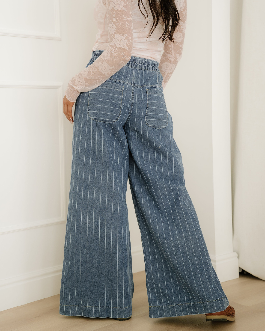 cora stripe button Cora Stripe Button Pleated Drawstring Waist Casual Wide Leg Jeans view 10 (bottom) - shop at us.meeeshop