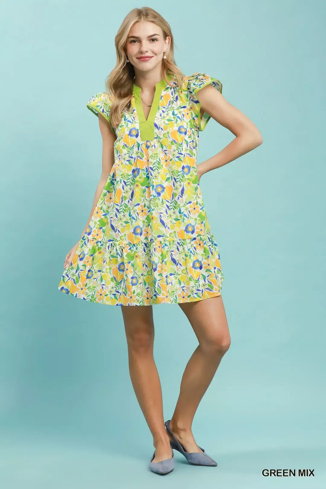 umgee floral flutter Umgee Floral Flutter Sleeve Tiered Mini Dress view 5 (dress) - shop at us.meeeshop
