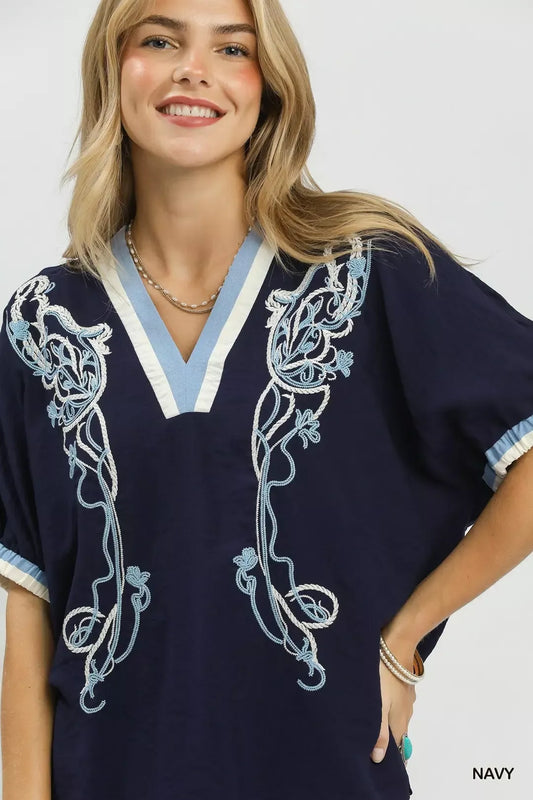 Umgee Embroidered Floral V-Neck Short Sleeve Blouse with Contrast Trim (women's shorts) view 2 - shop at us.meeeshop