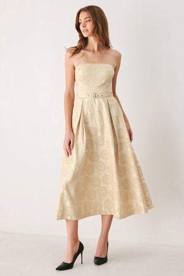 GOLDEN HEIRLOOM GOLD TEXTURED STRAPLESS BELTED MIDI DRESS