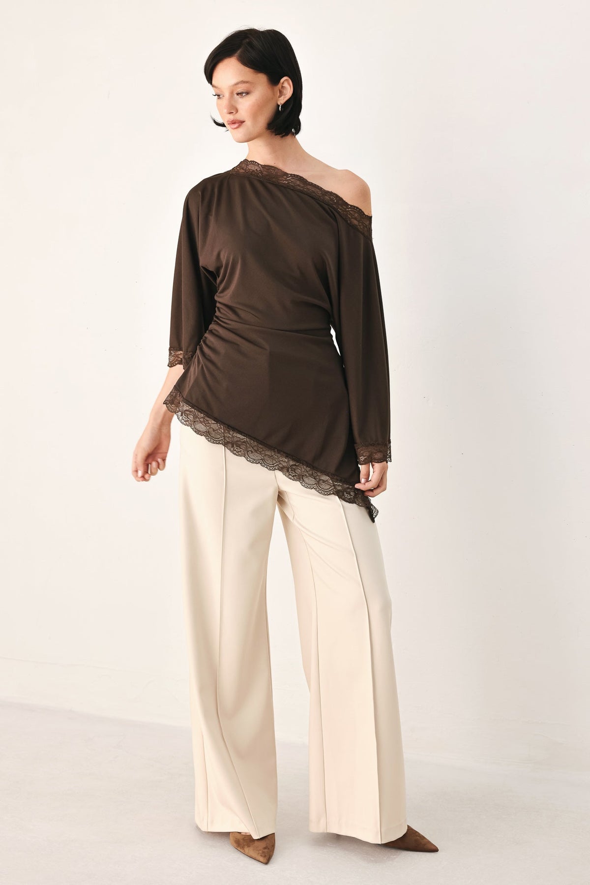 Flying Tomato After Hours Lace Trim Asymmetrical Top