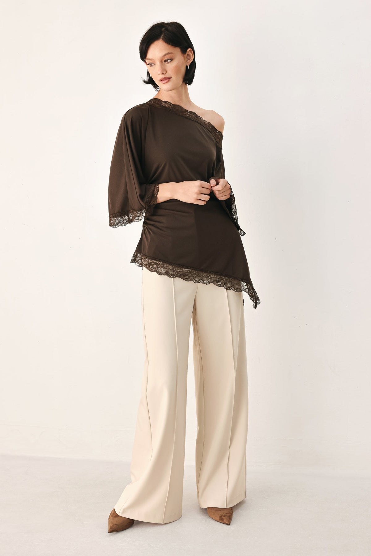 Flying Tomato After Hours Lace Trim Asymmetrical Top