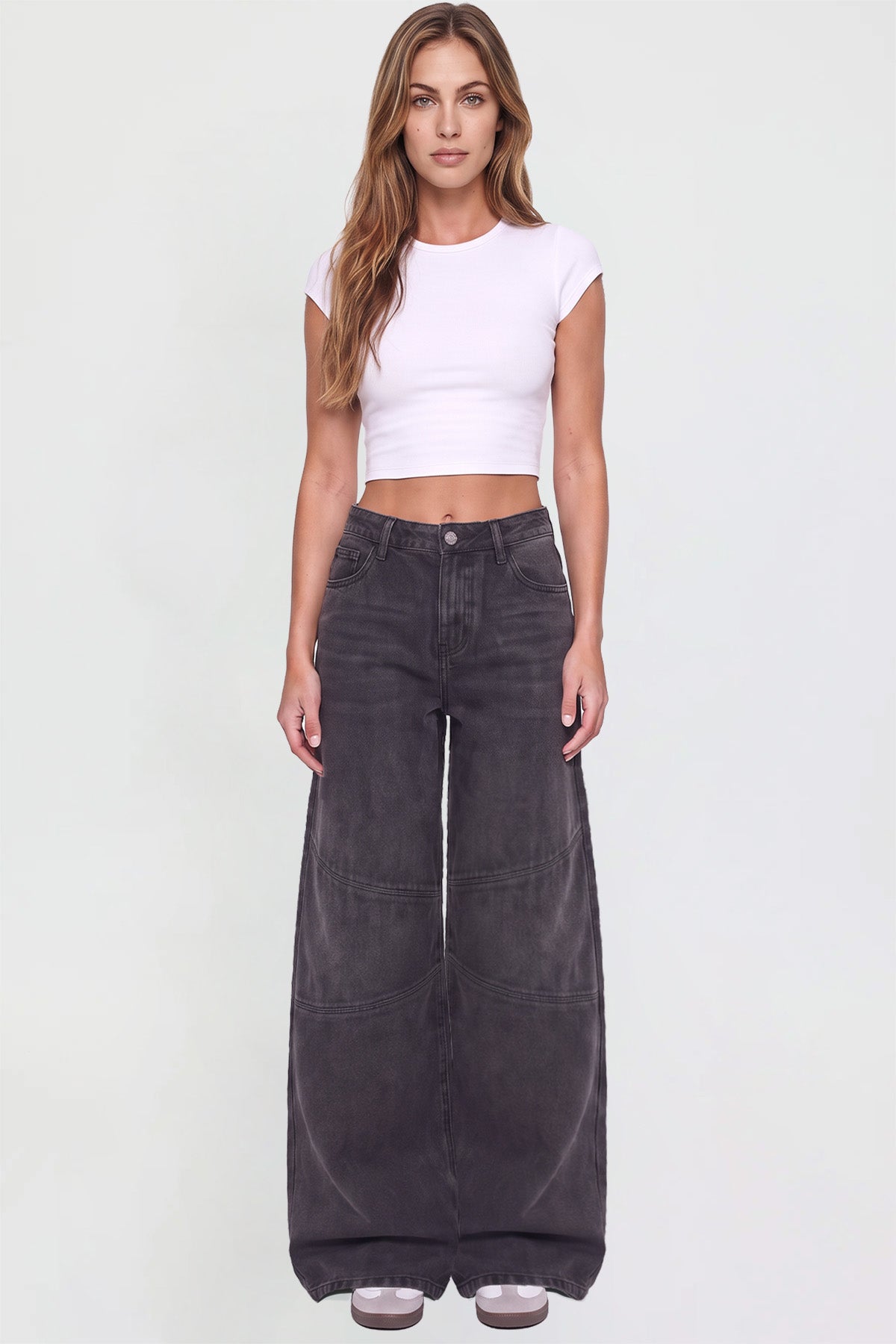 Ymi Women's Moto Relaxed Rise Baggy Barrel Jeans with Seam Detail