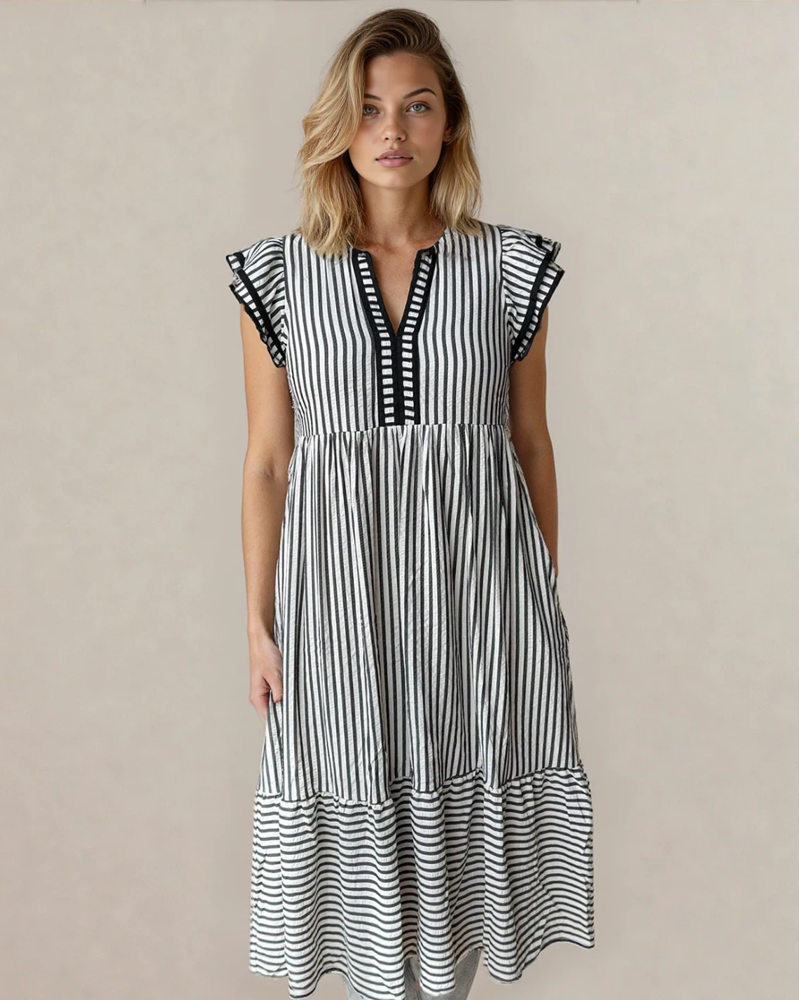 nyla double ruffled Nyla Double Ruffled Short Sleeve Contrast Trim V Neck Midi Dress - Black view 2 (dress) - shop at us.meee