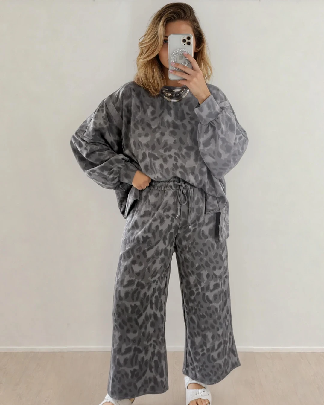 reese leopard print Reese Leopard Print Pullover Drawstring Loose Pants Set - Gray view 2 (bottom) - shop at us.meeeshop