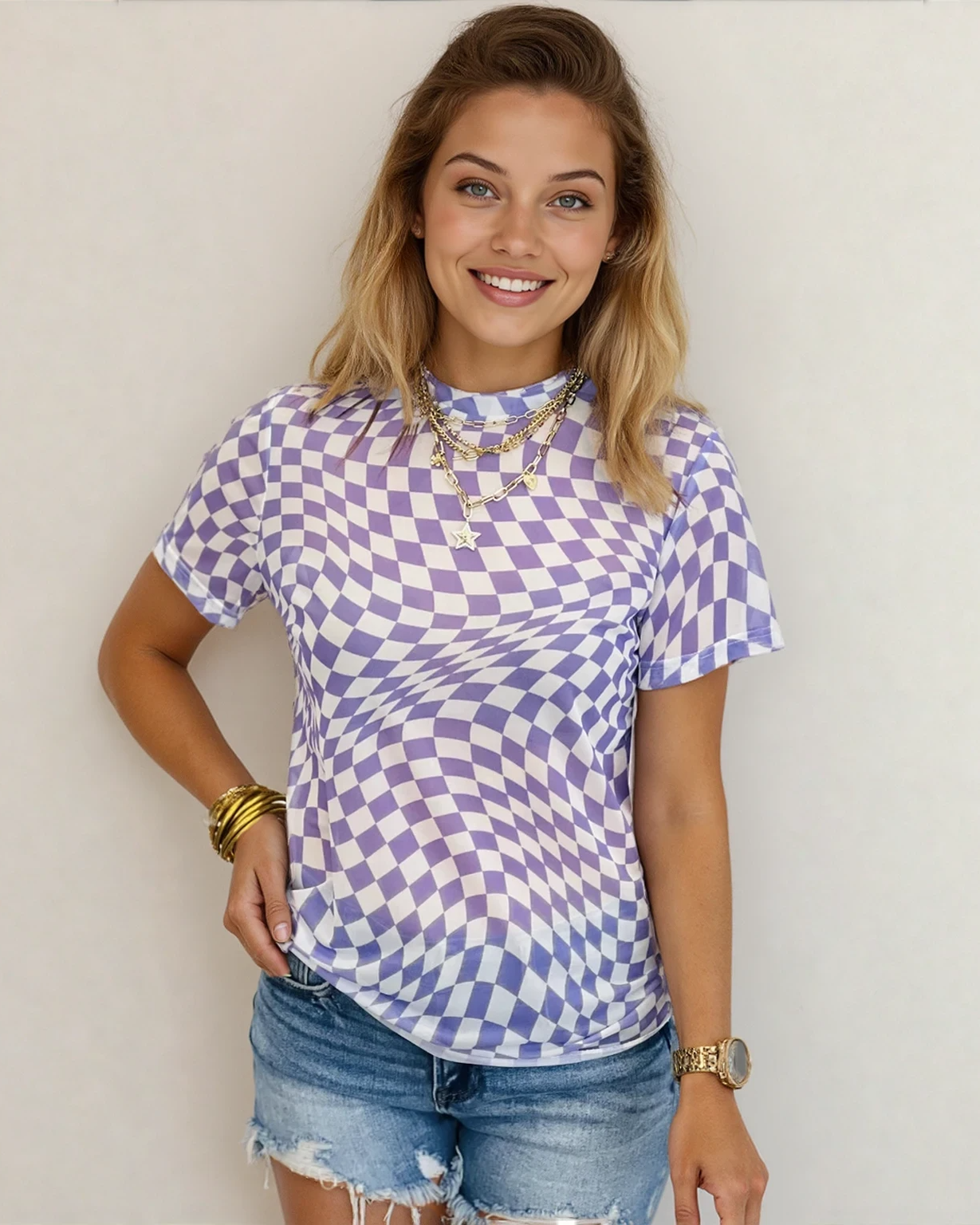 short sleeve checkered Short Sleeve Checkered Mesh Crew T Shirt - Purple Purple (top) - shop at us.meeeshop