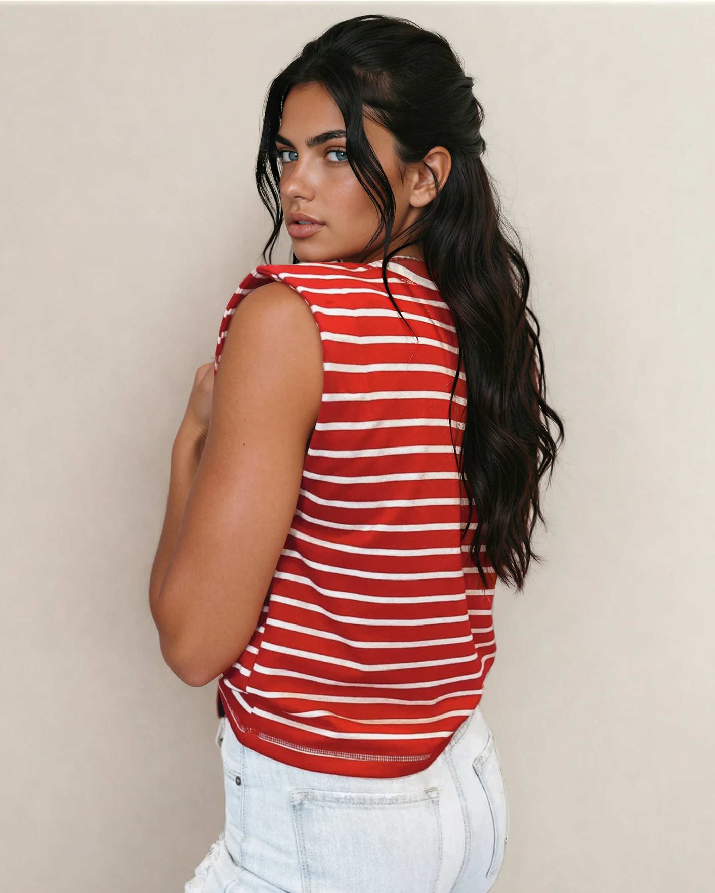 serena stripe ribbed Serena Stripe Ribbed Round Neck Trim Loose Tank Top - Red view 4 (top) - shop at us.meeeshop