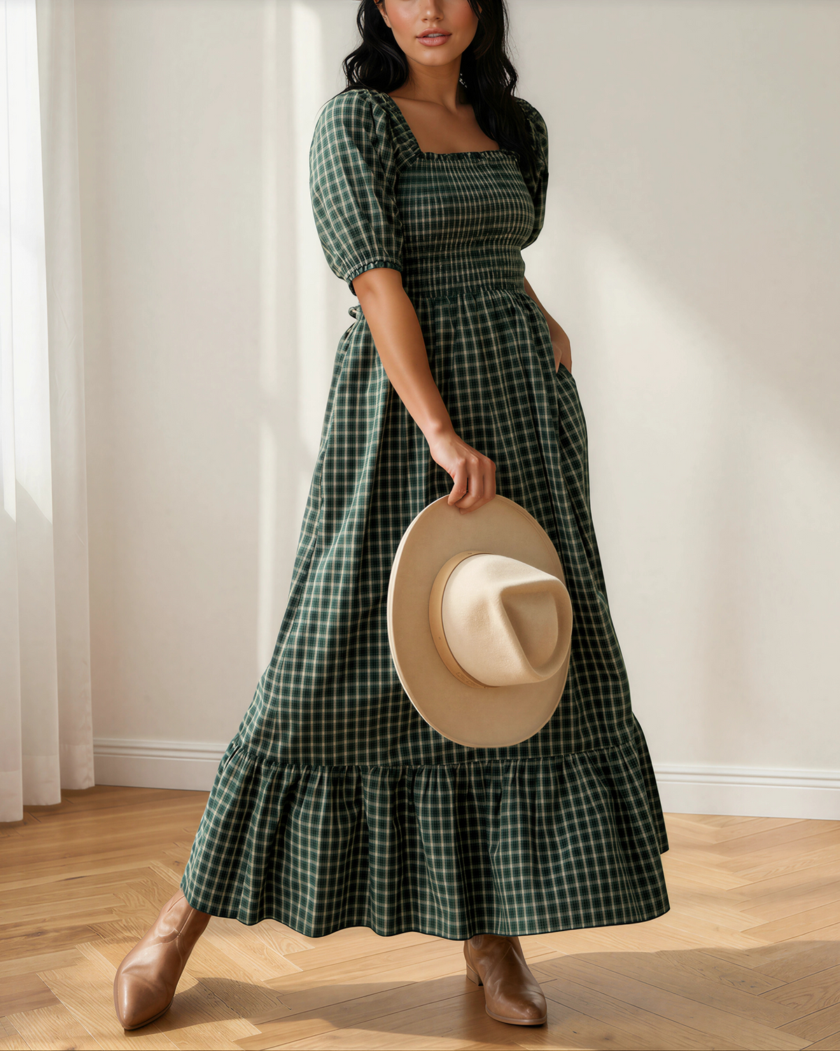 Daisy Plaid Square Neck Shirred High Waist Ruffle Hem Dress