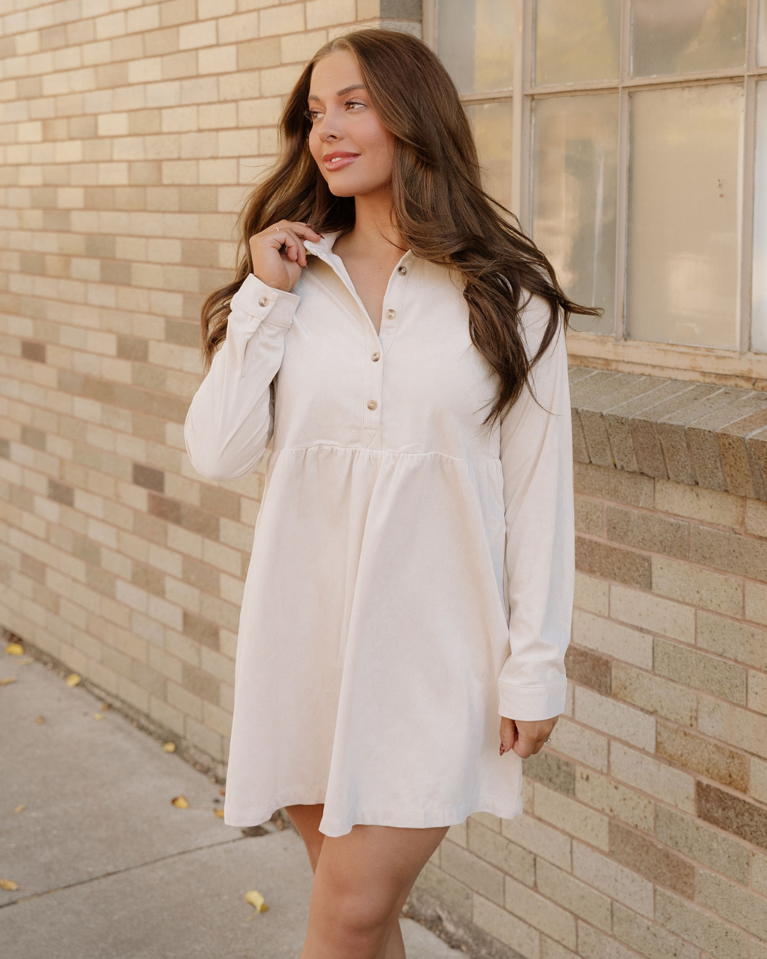 Abigail Corduroy Half Button Collared Long Sleeve Mini Dress in Black