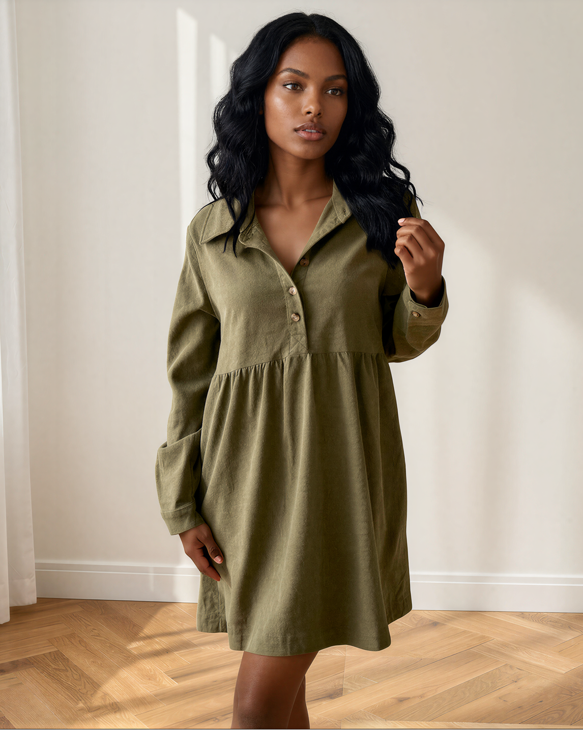 Abigail Corduroy Half Button Collared Long Sleeve Mini Dress in Vineyard Green view 10