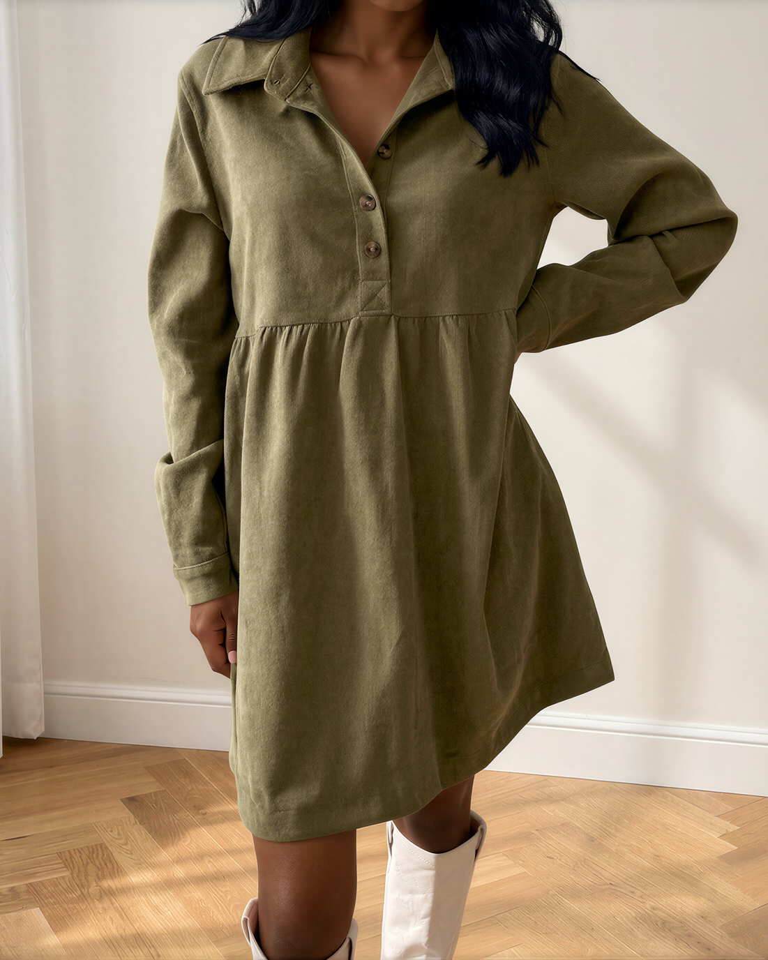 Abigail Corduroy Half Button Collared Long Sleeve Mini Dress in Vineyard Green view 11