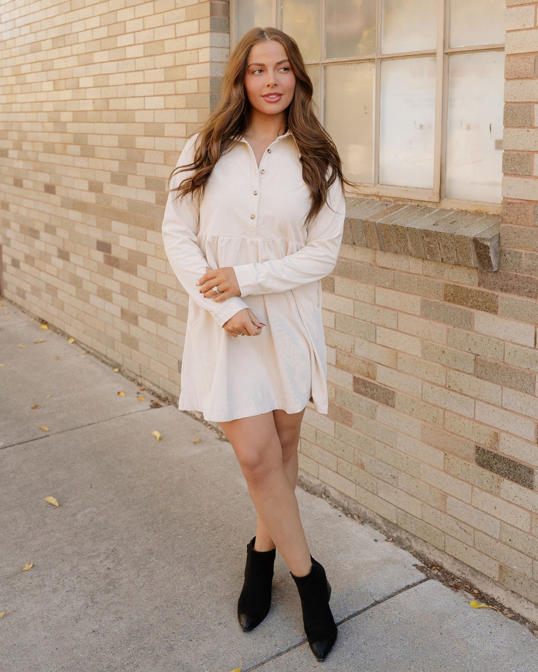 Abigail Corduroy Half Button Collared Long Sleeve Mini Dress in Black view 2