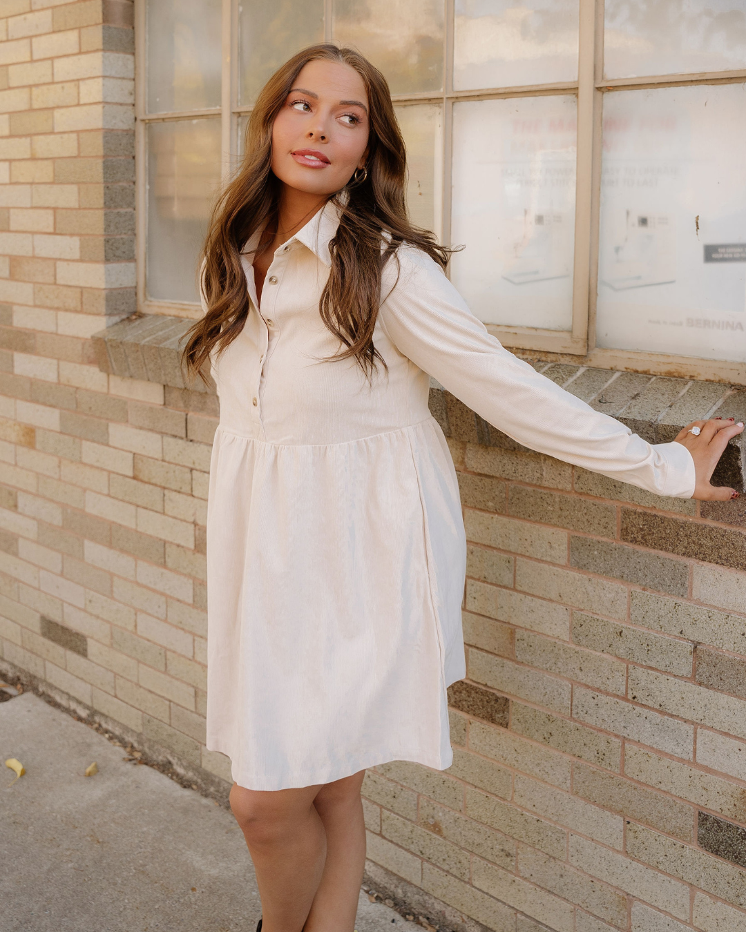 Abigail Corduroy Half Button Collared Long Sleeve Mini Dress in Oatmeal view 5