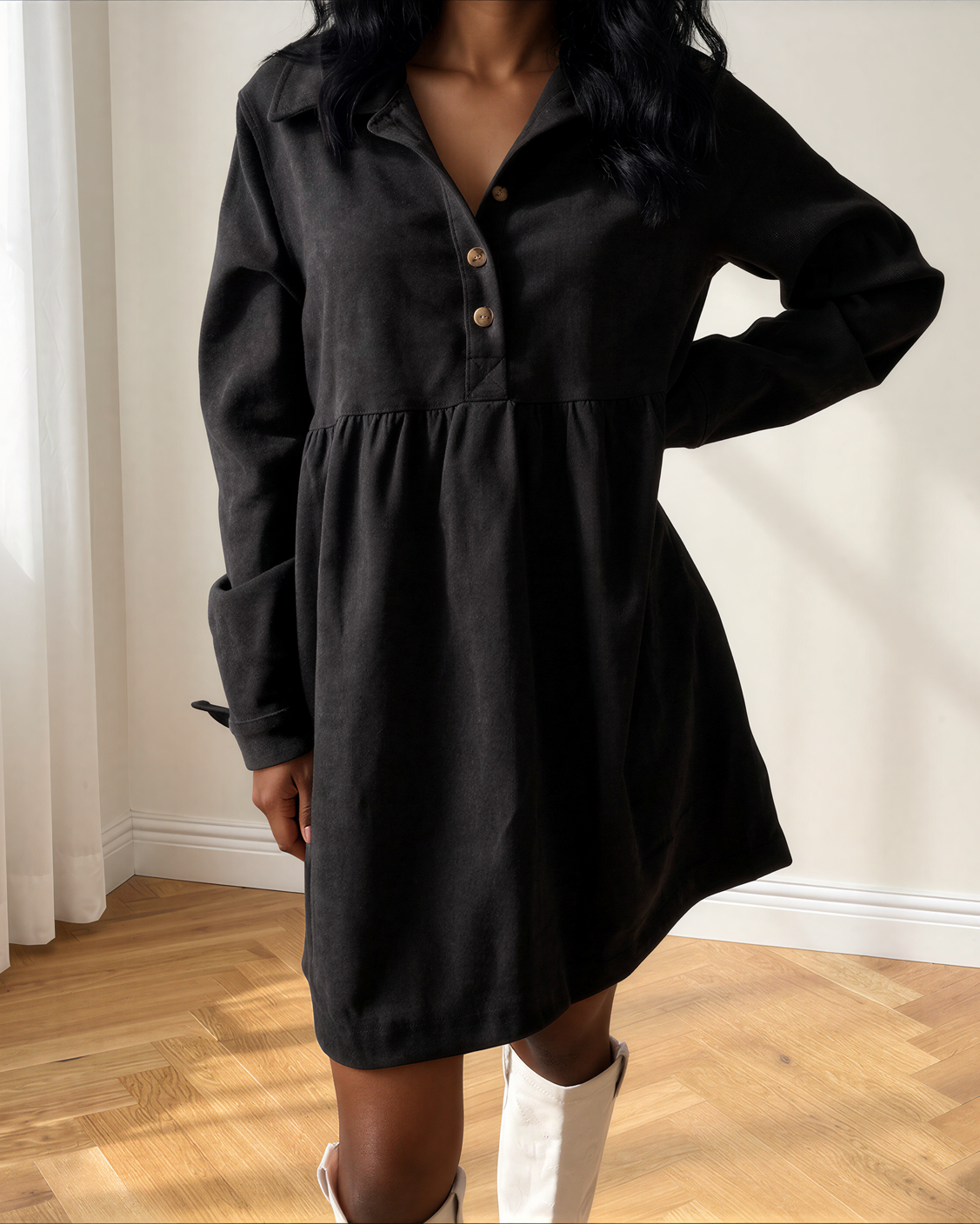 Abigail Corduroy Half Button Collared Long Sleeve Mini Dress in Oatmeal view 8