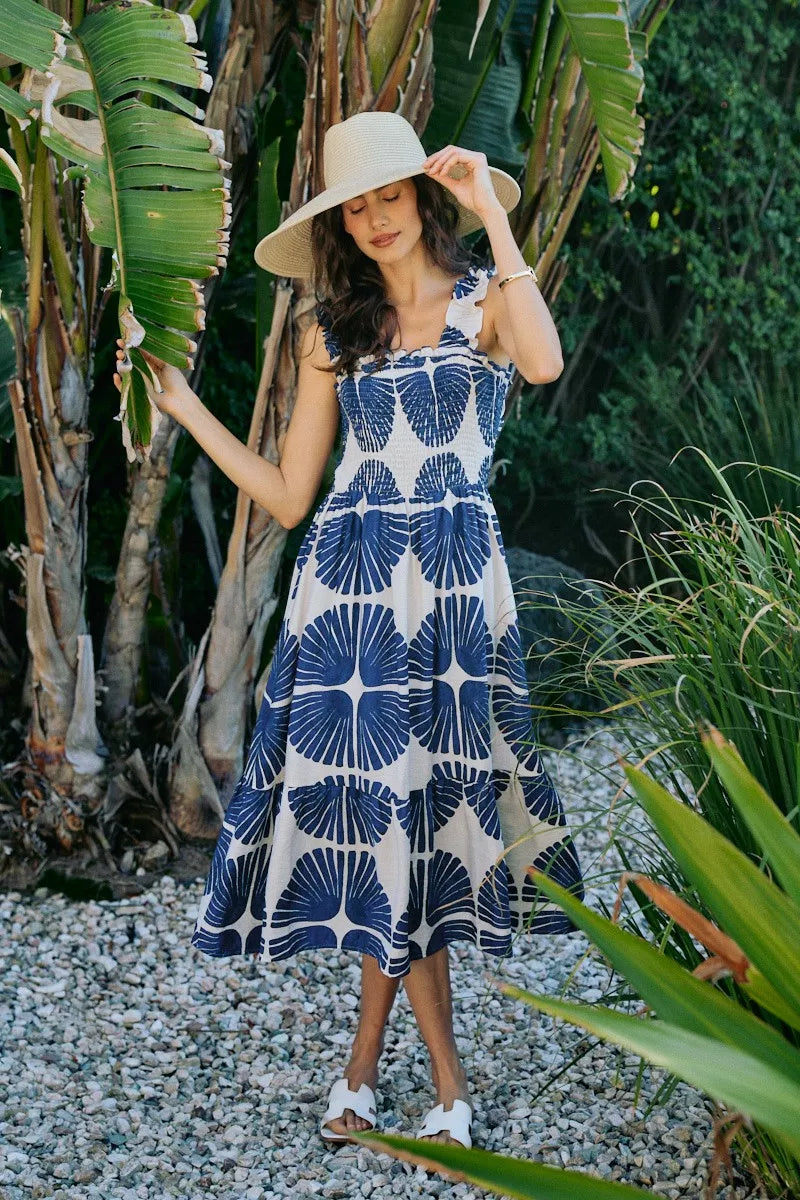 abstract print smocked So Me Abstract Print Smocked Bodice Tiered Lined Midi Dress view 22 (dress) - shop at us.meeeshop