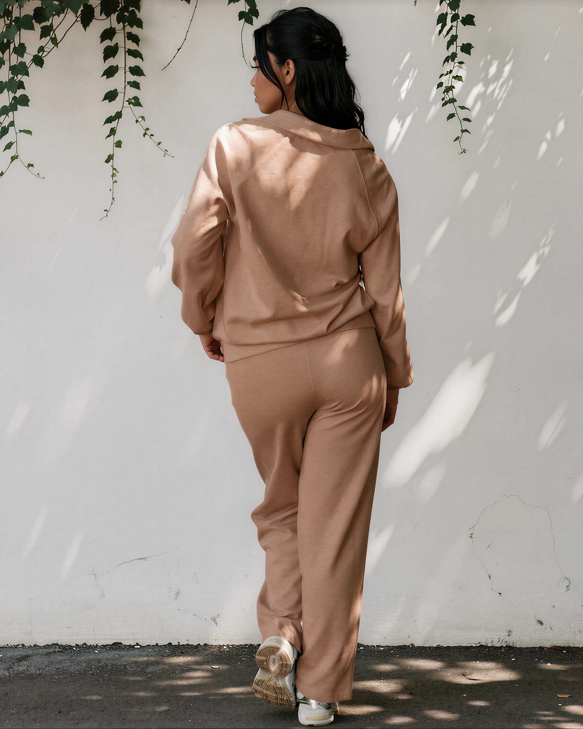 Addie V Neck Pullover and Drawstring Sweatpants Set in Dark Khaki view 3 - Set Pullover (top)