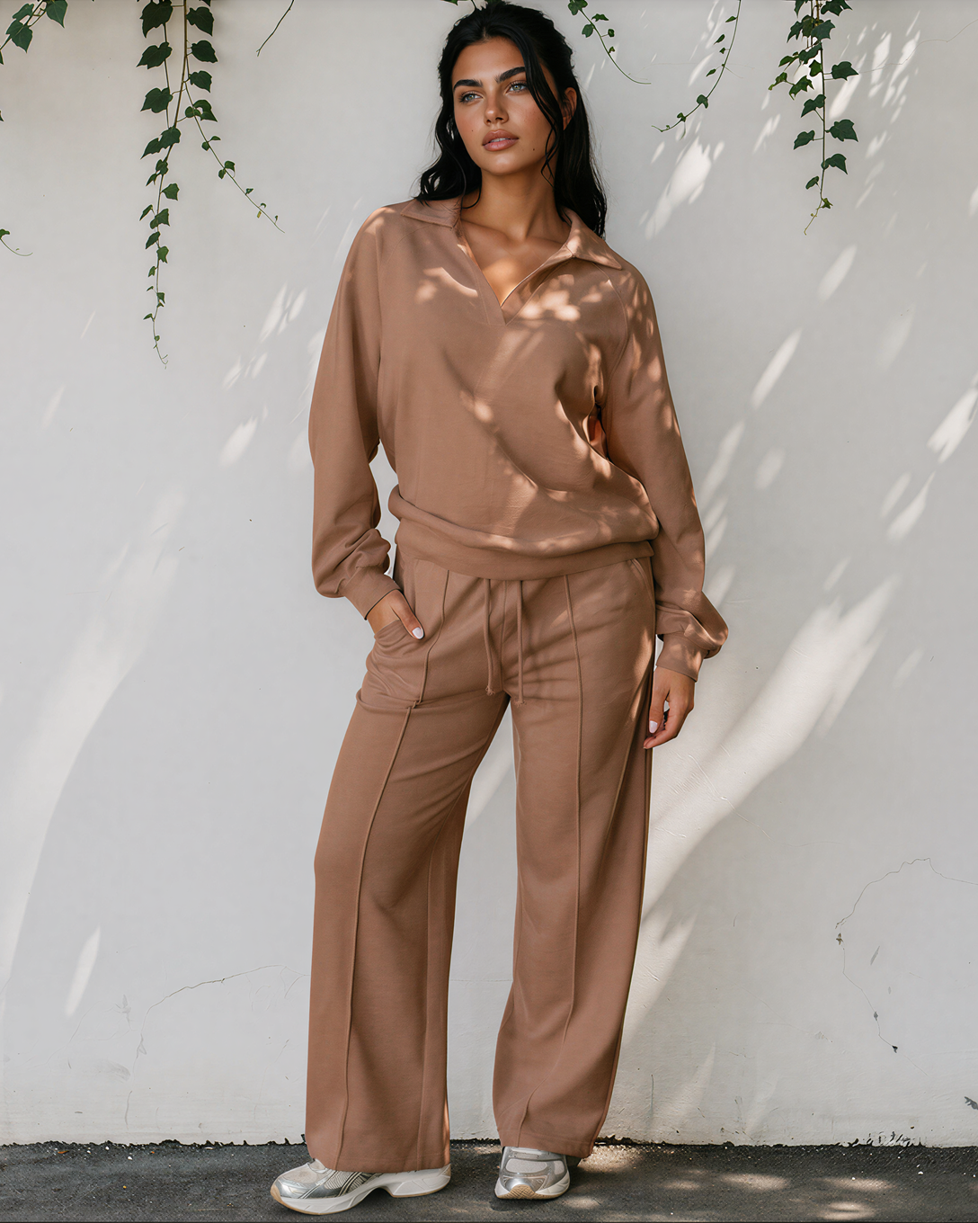 Addie V Neck Pullover and Drawstring Sweatpants Set in Dark Khaki view 4 - Set Pullover (top)