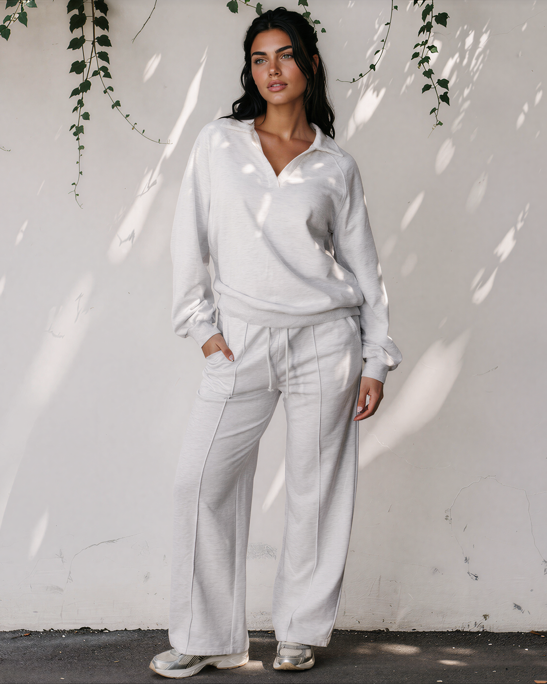 Addie V Neck Pullover and Drawstring Sweatpants Set in Light Grey view 5 - Set Pullover (top)