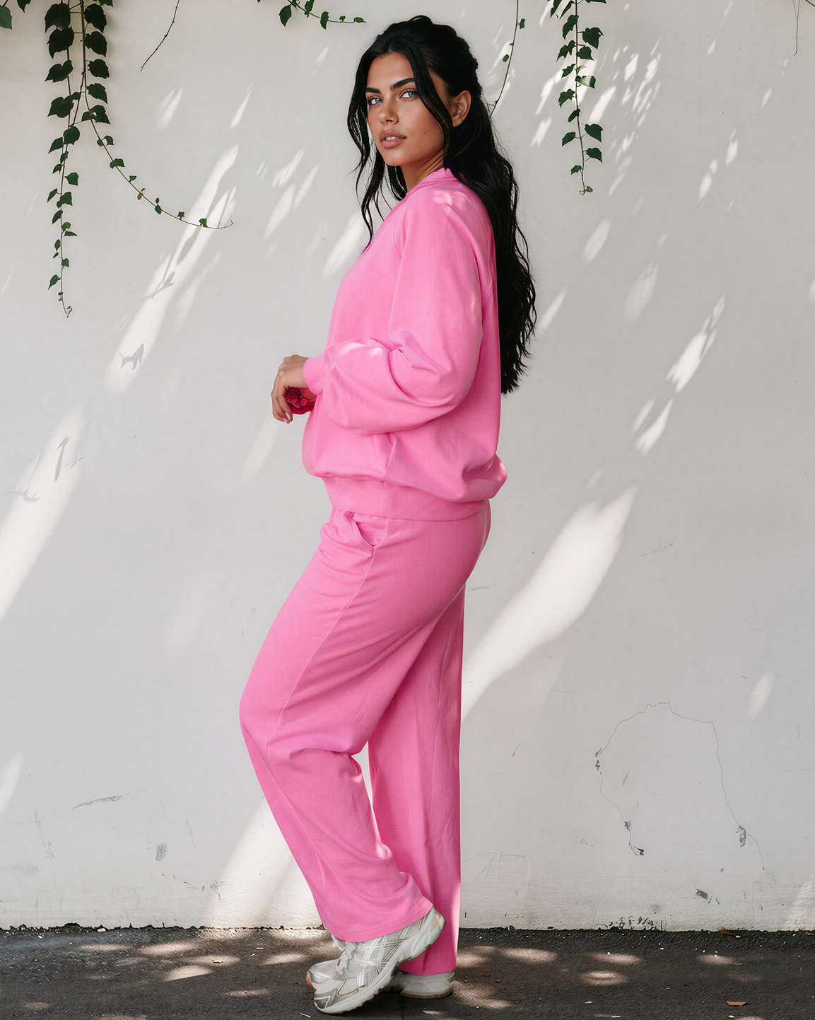Addie V Neck Pullover and Drawstring Sweatpants Set in Bright Pink view 9 - Set Pullover (top)