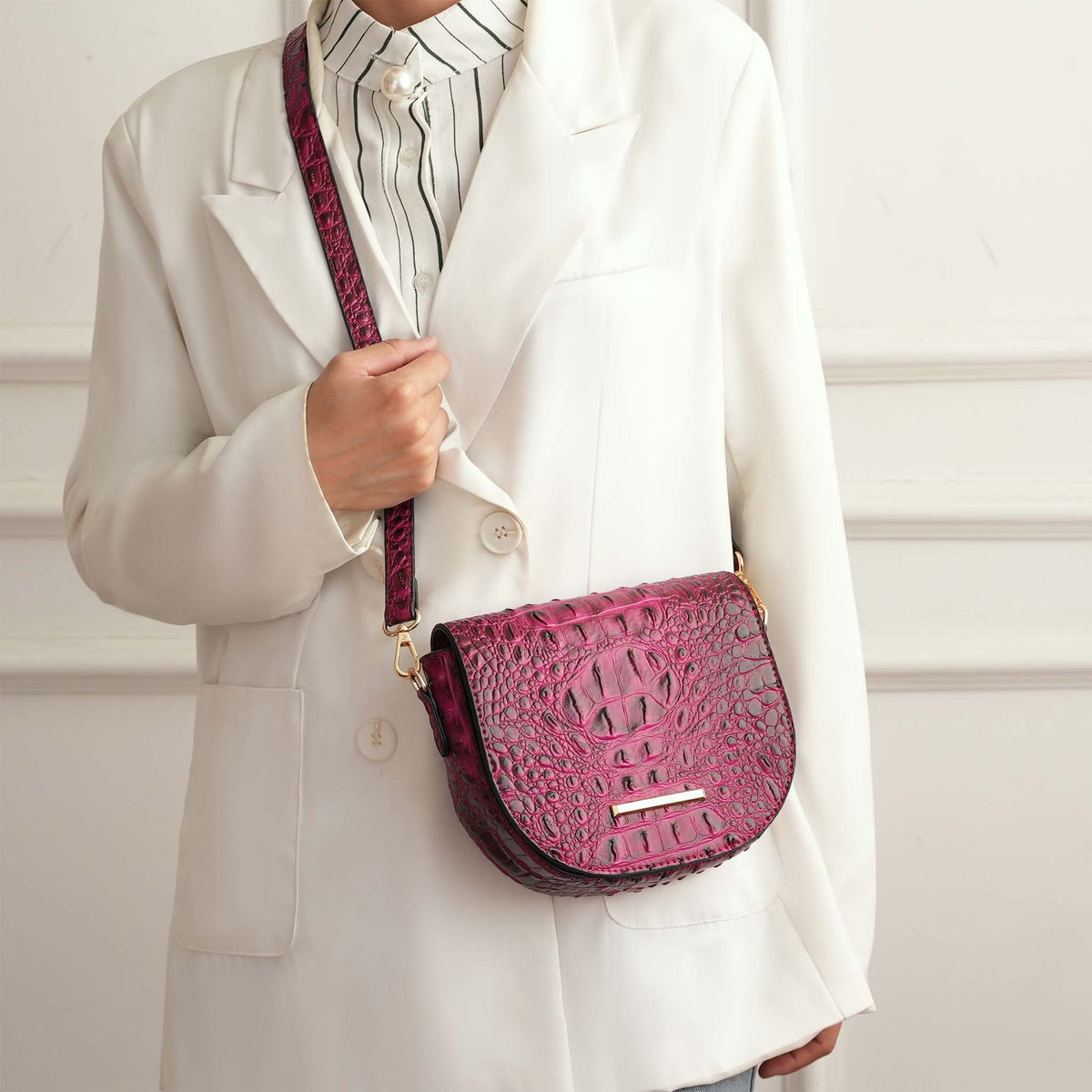 Amalia Solid Croc Crossbody Bag in Croco Cognac view 2 - Bag Crossbody