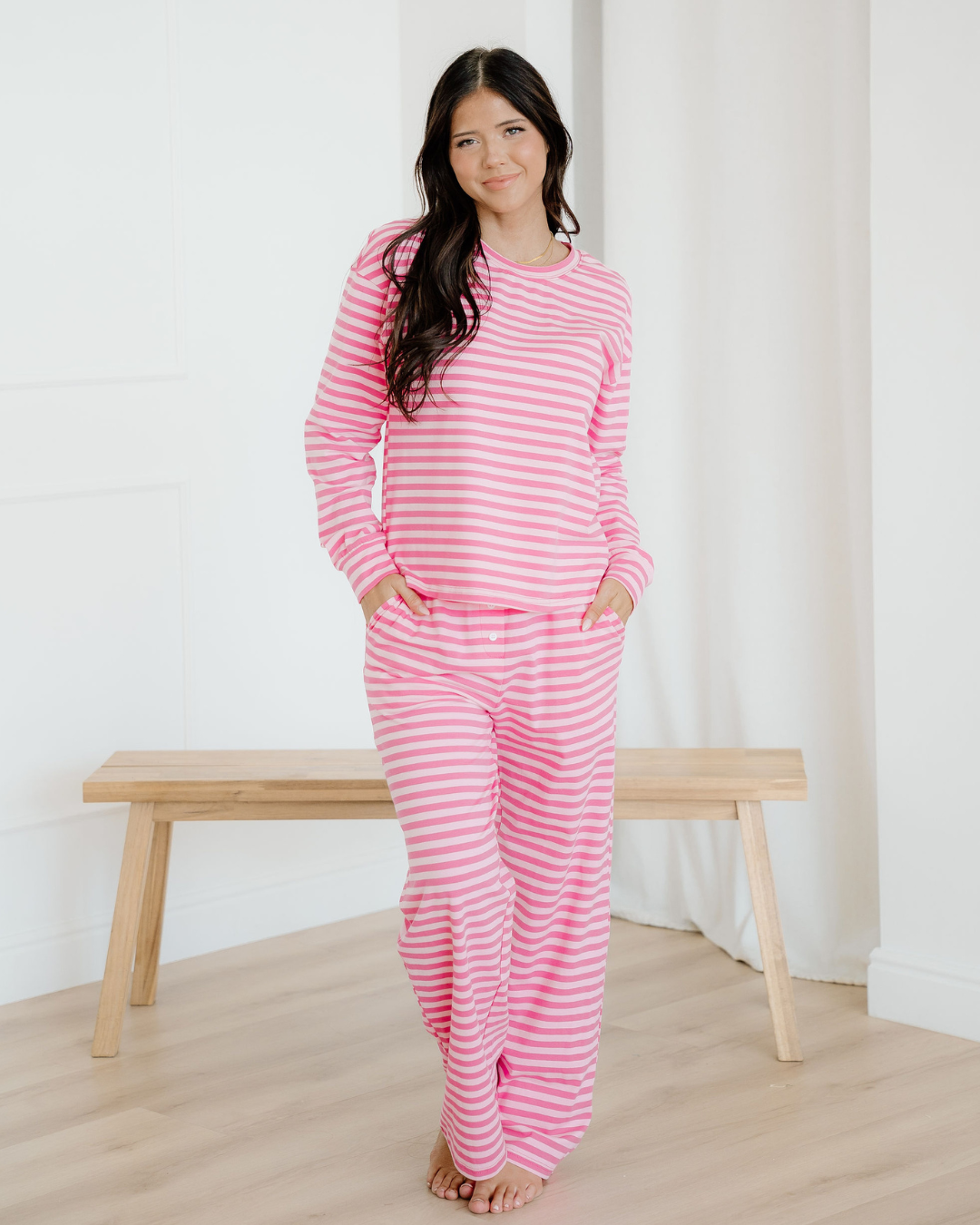 Amayah Buttoned Straight Pants Two Piece Set in Pink Stripe view 3 (bottom)