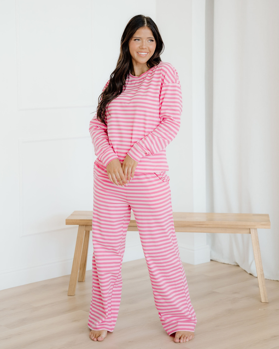 Amayah Buttoned Straight Pants Two Piece Set in Pink Stripe view 4 (bottom)