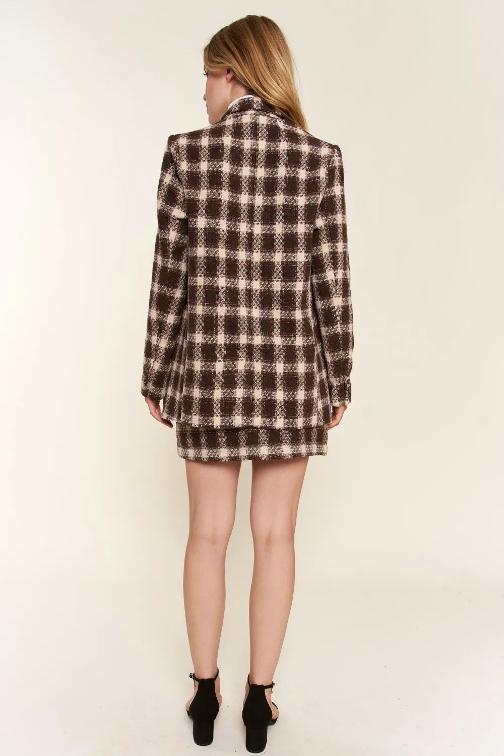 And the Why Full Size Plaid Brushed One Button Blazer in Brown view 5 - Casual Office Outfit (layer)