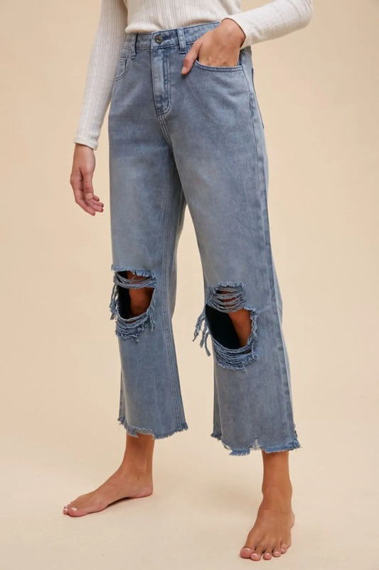 Annie Wear Distressed Raw Hem Jeans in Dusty Blue view 2 - Annie Wear Jeans Size Chart (bottom)