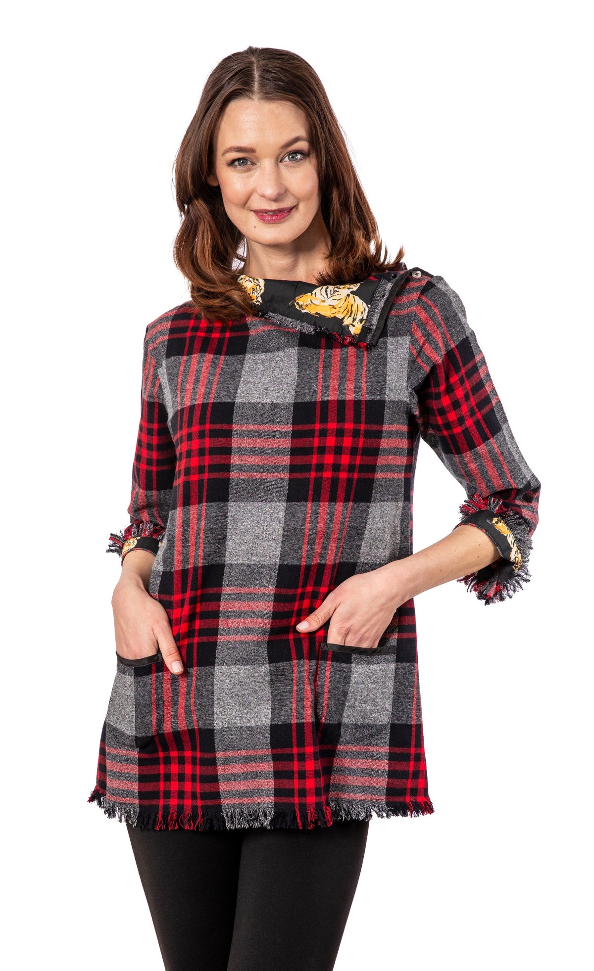 Aspen Flannel Tunic Red Black Yarndyed Plaid in S view 2 - Aspen Plaid Flannel Comforter Set (top)