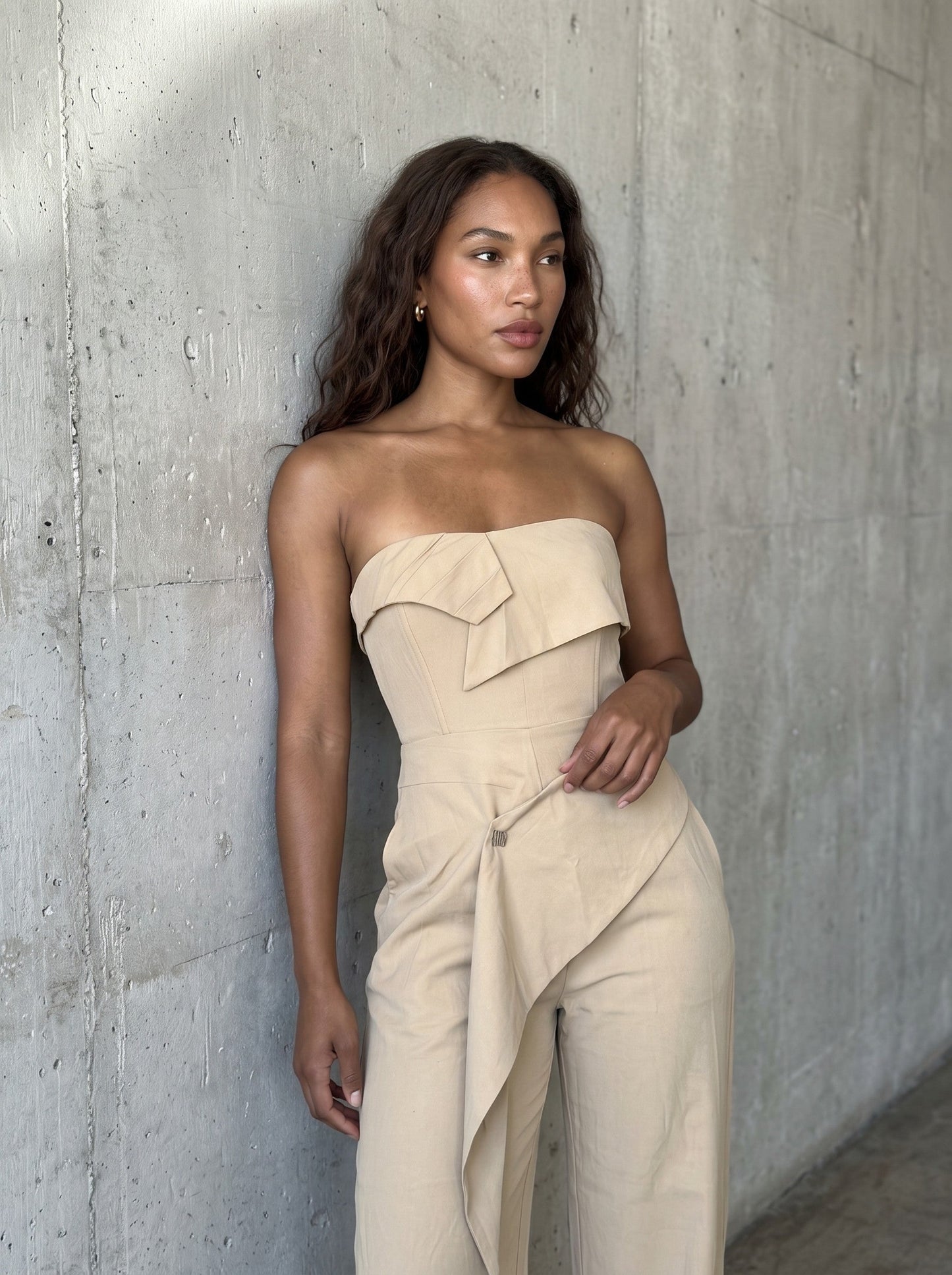 Athina Retail Camel Strapless Tailored Wide-leg Jumpsuit view 8 - Camel Jumpsuits (one-piece)