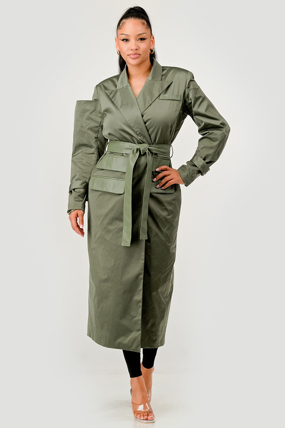 Athina Retail Olive Green Longline Trench Coat with Belt view 7 - Olive Trench Coat (layer)