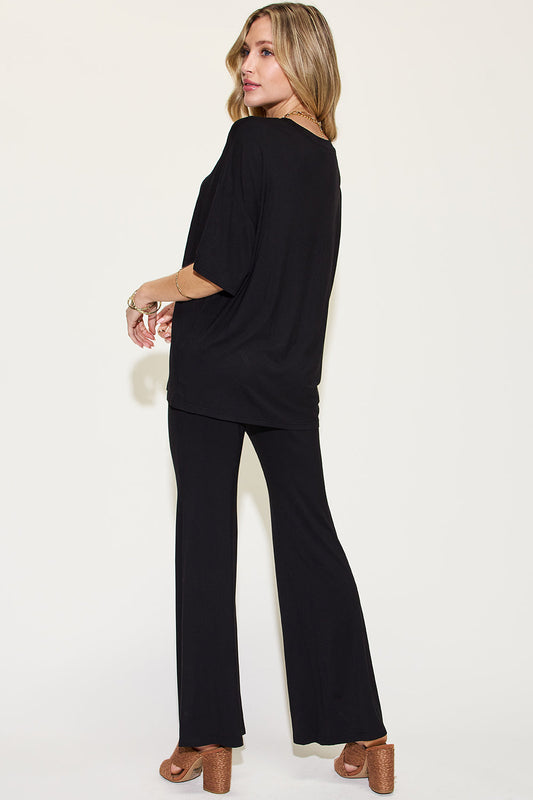 Basic Bae Full Size Bamboo Drop Shoulder T-shirt and Flare Pants Set in Black view 2 - Basic Bae Lounge Set (top)