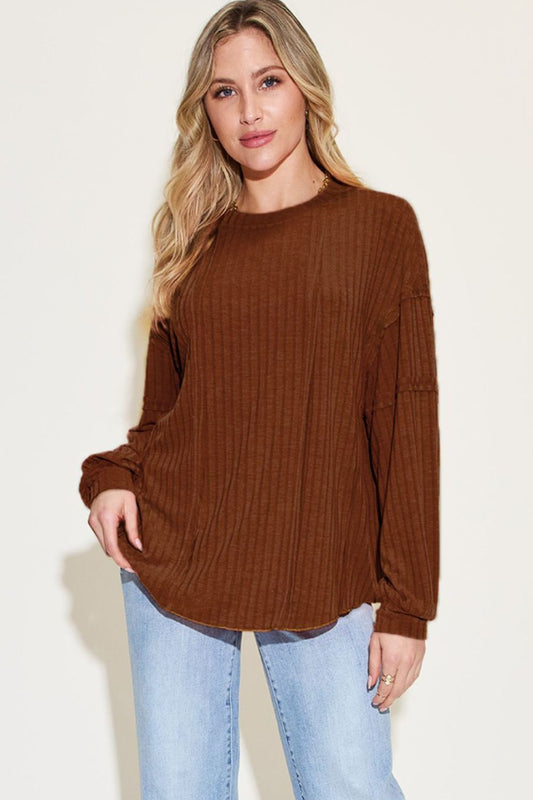 Basic Bae Full Size Ribbed Round Neck Long Sleeve T-shirt in Dark Brown view 2 - Long Shirt (top)