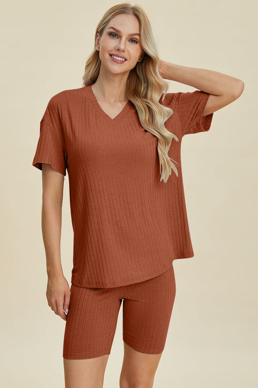Basic Bae Full Size Ribbed V-neck Short Sleeve Top and Shorts Set in Caramel view 2 - Set Top