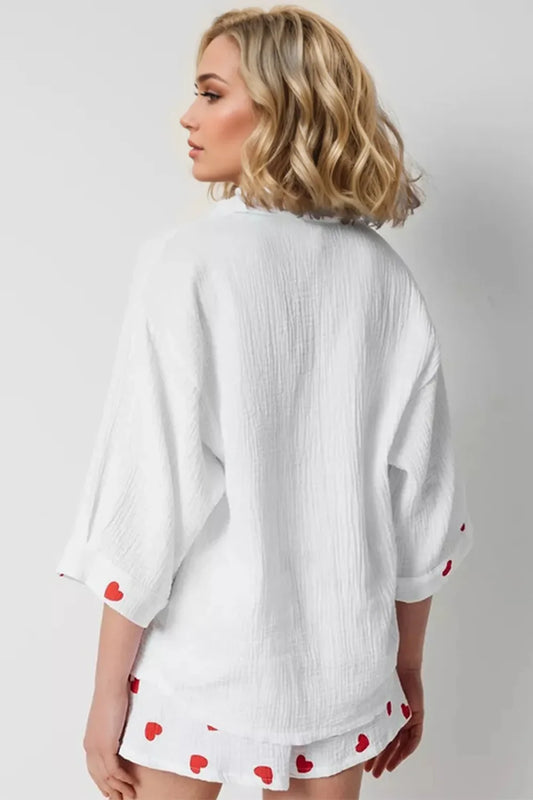 Basic Bae Heart Collared Neck Button Down Top and Shorts Set in White view 2 - Set Top