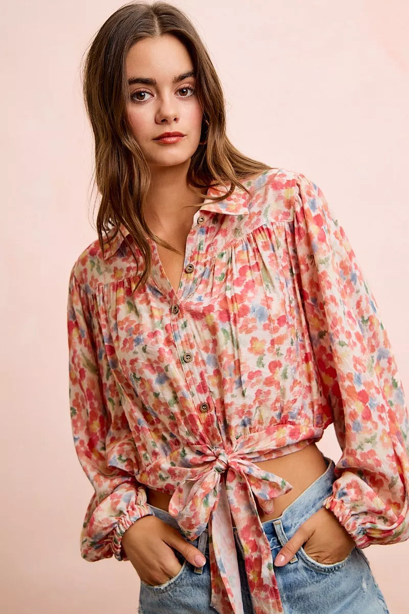 bibi floral print Bibi Floral Print Tie Hem Detail Crop Shirt view 11 (top) - shop at us.meeeshop