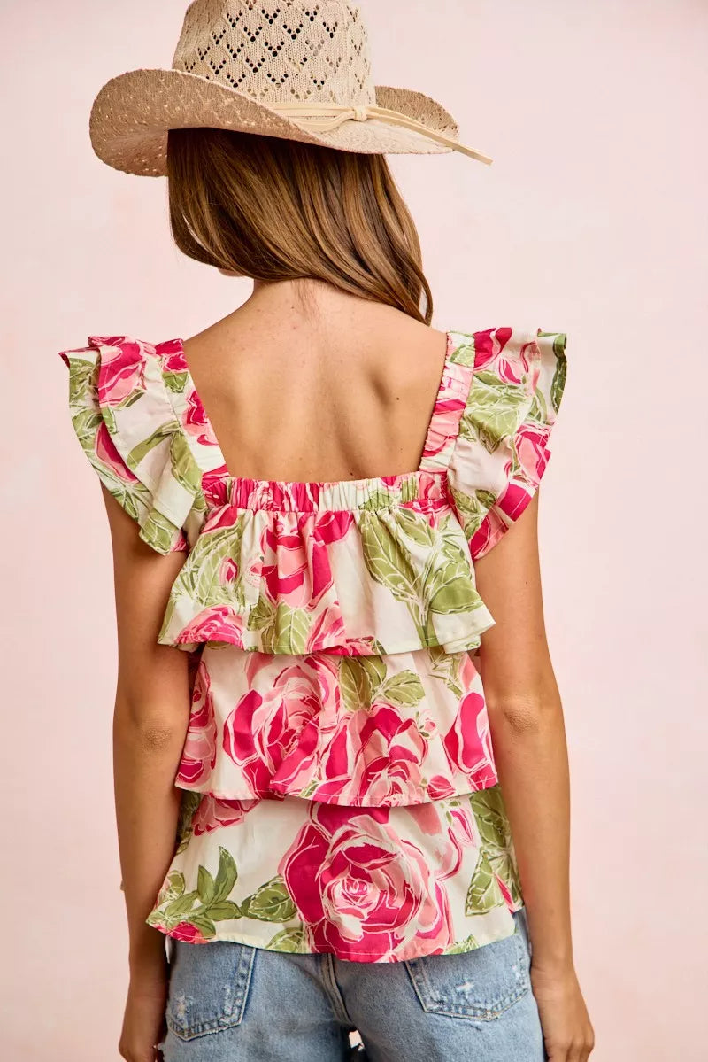 bibi floral print Bibi Floral Print Woven Bow Tie Ruffle Square Neck Top view 8 (top) - shop at us.meeeshop