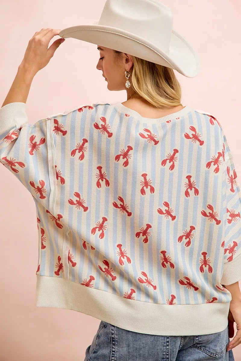 bibi july lobsters Bibi 4th of July Lobsters Stripe Waffle Knit Sleeve Top view 6 (top) - shop at us.meeeshop