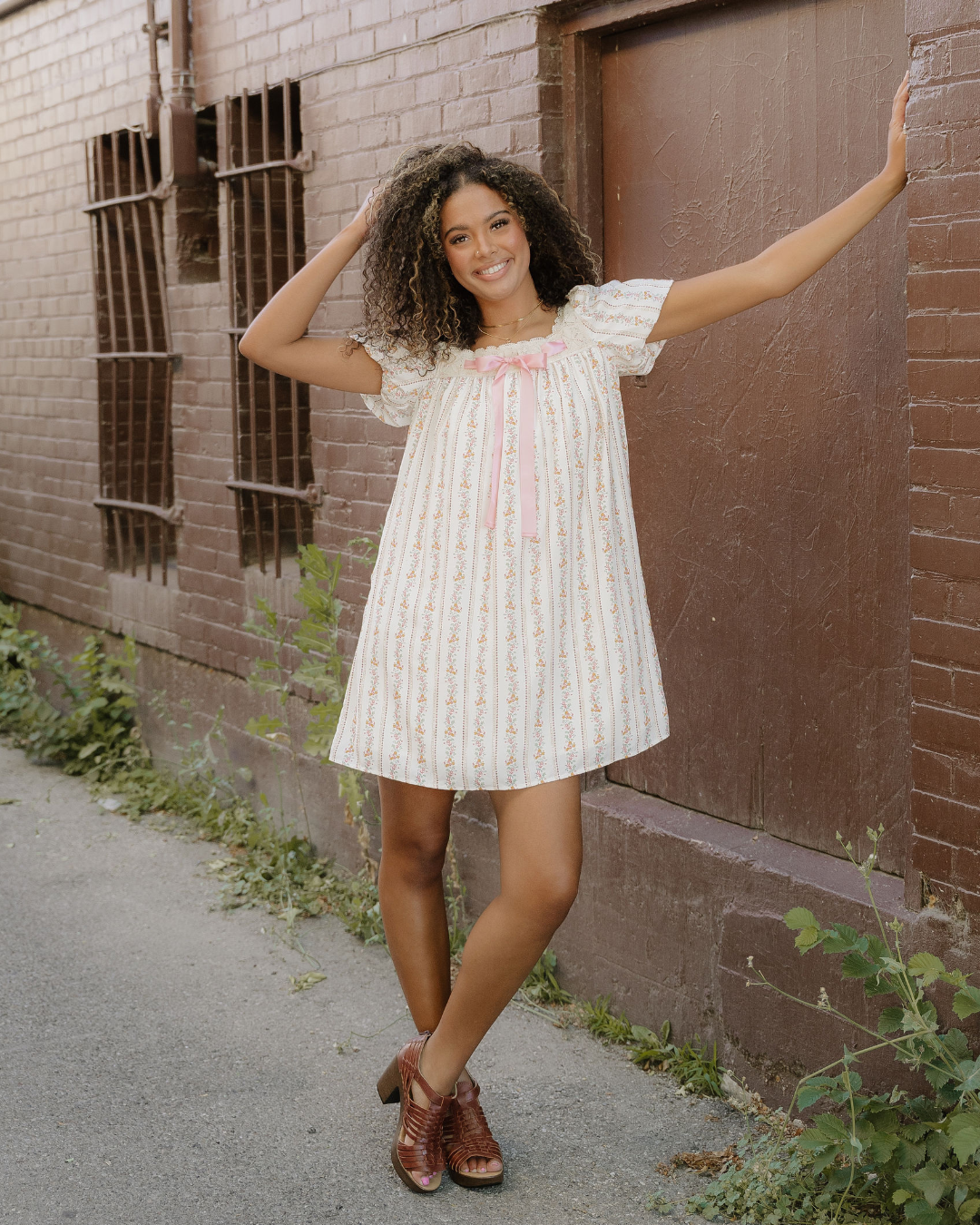 Birdie Ribbon Bow Lace Trim Square Neck Mini Dress view 6