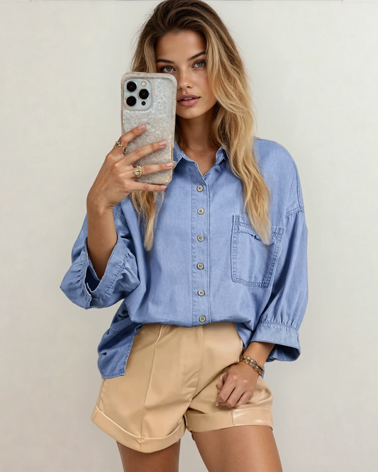 Blake Washed Drop Shoulder Bracelet Sleeve Chambray Shirt in Myosotis view 2 - Black Washed Shirt (top)