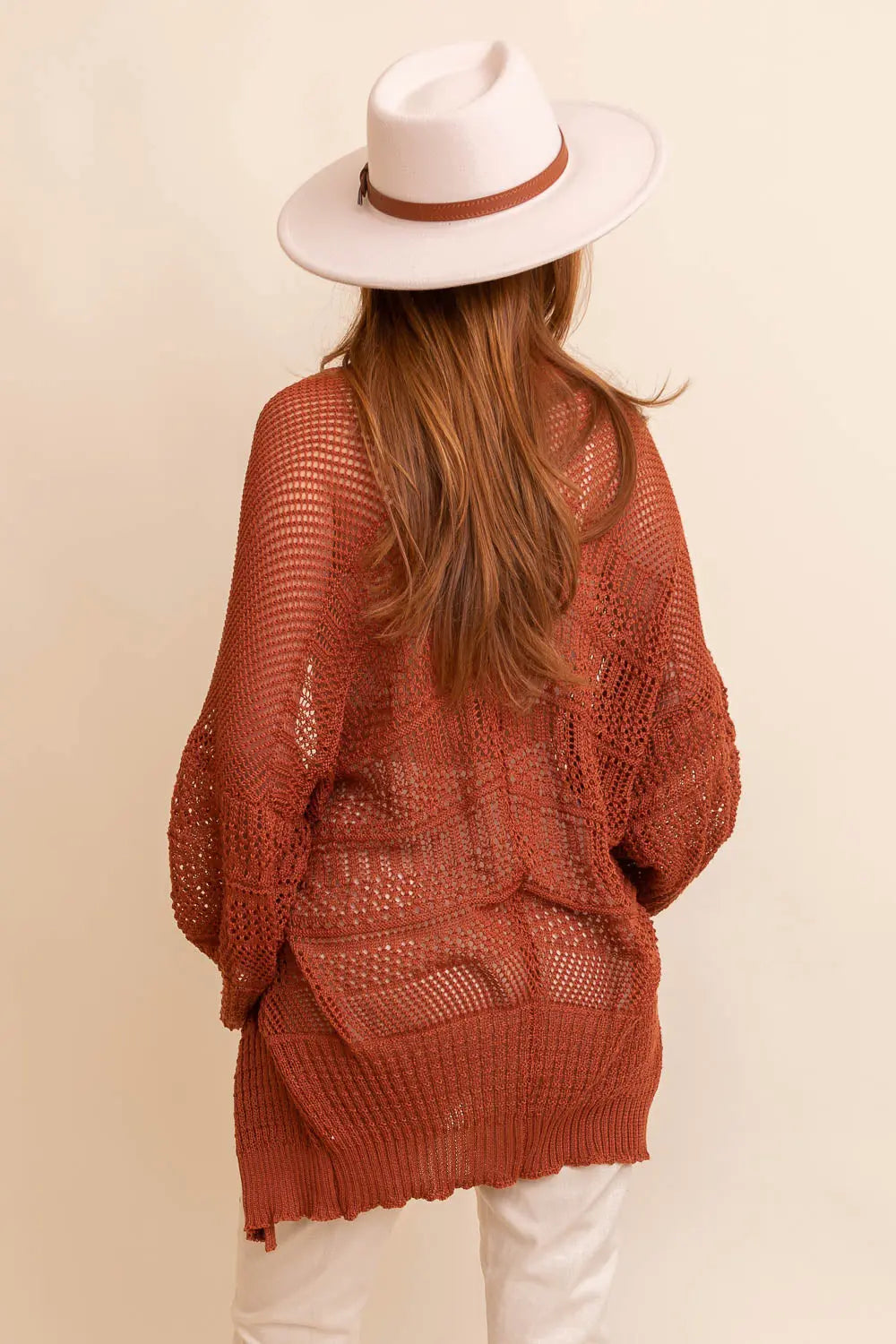 Boho Clothing and Accessories Knit Netted Cardigan ❤️ Top in Rust view 2 - Boho Style - Boho Style Cardigan