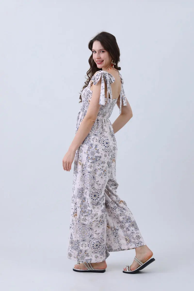 Boho Clothing and Accessories Women’s Floral Print Jumpsuit – Elasticized Bust & Dreamy Wide-leg Cut view 6 - Comfort Stretch
