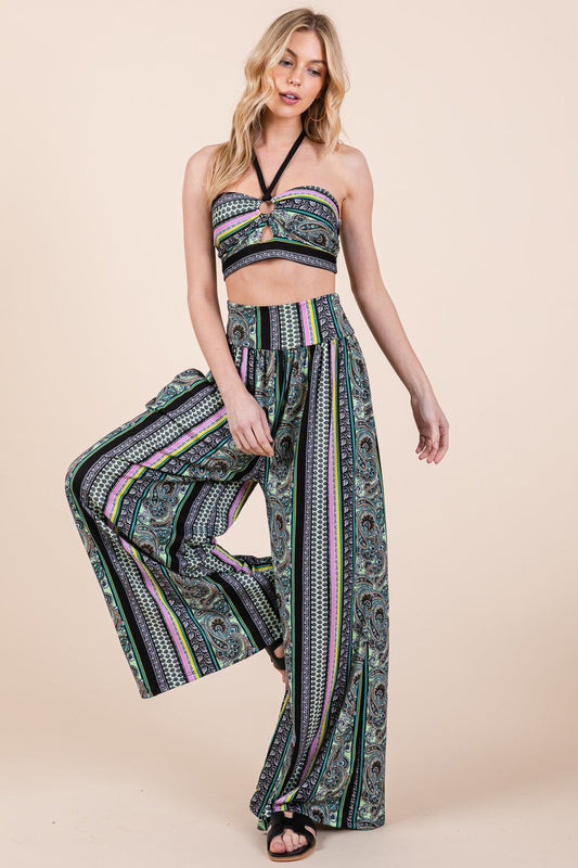 Boho. Print Wide Leg Pants with Pockets in M view 2 - Boho Style - Boho Print Ruched Pockets Swim Dress (bottom)