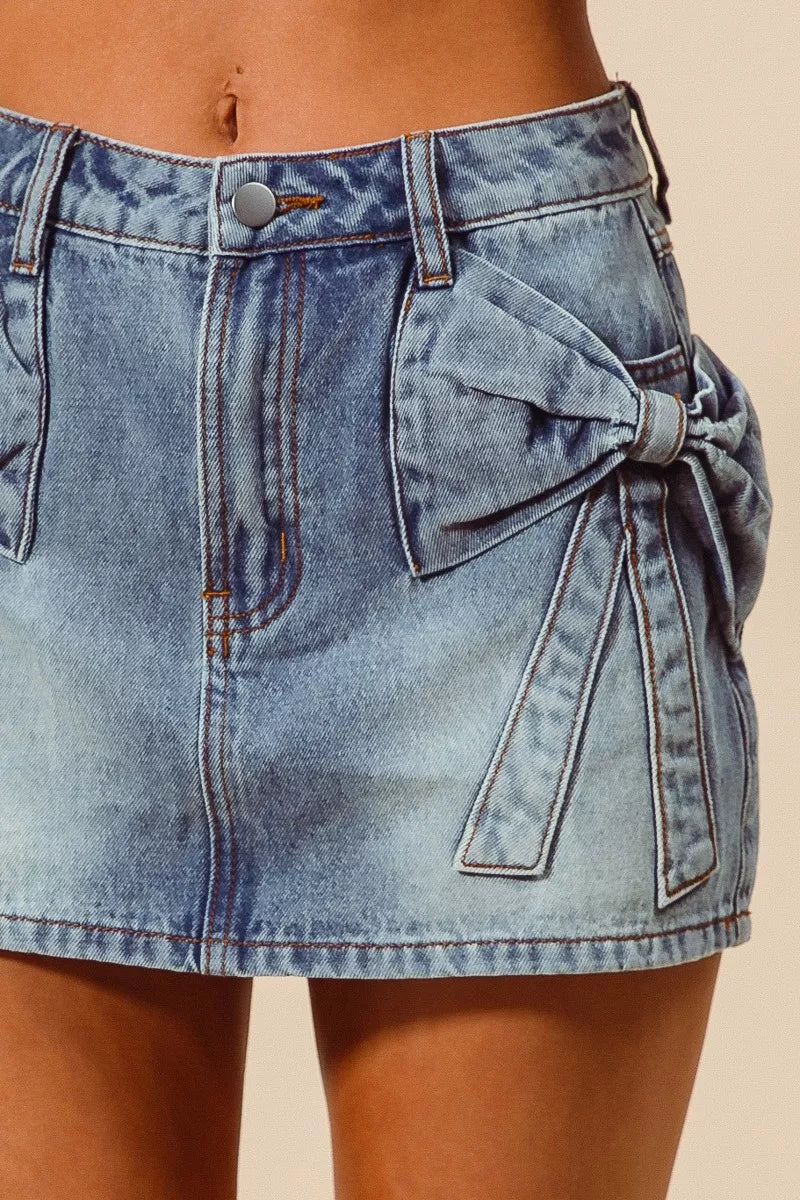 bow knot pocket So Me Bow Knot Pocket Denim Mini Skirt view 10 (skirt) - shop at us.meeeshop