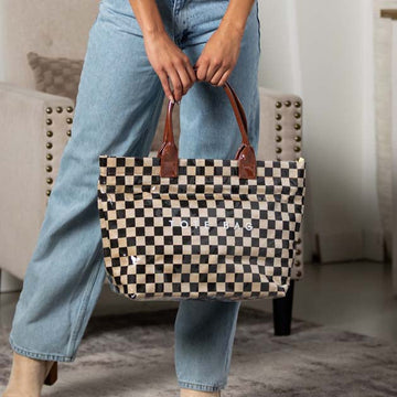 Brooklyn Laminated Mixed Media Checkered Tote in Cognac Check view 2 (bag)